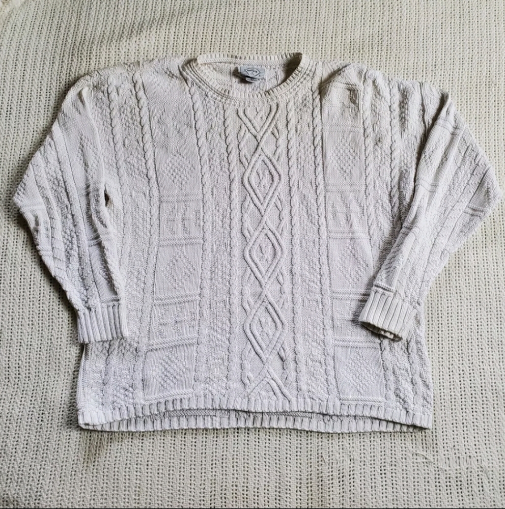 VTG Nuggets Cotton White Chunky Cable Knit Sweater Women’s Large USA Made